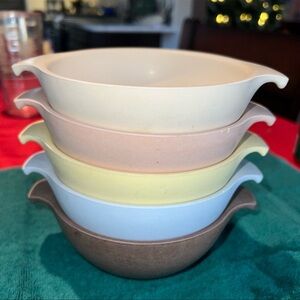 SET/5 VNTG WATERTOWN LIFETIME WARE SOUP/CEREAL BOWLS//BRN BLUE PEACH YLW BEIGE